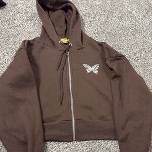 Brown Hoodie with Butterfly Embroidery